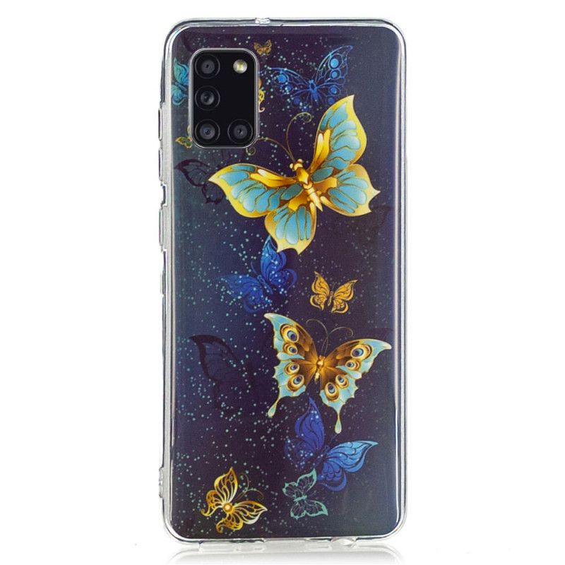 Cover Hoesje Samsung Galaxy A31 Lichtblauw Donkerblauw Telefoonhoesje Serie Fluorescerende Vlinder