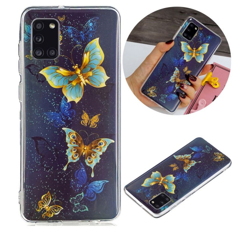 Cover Hoesje Samsung Galaxy A31 Lichtblauw Donkerblauw Telefoonhoesje Serie Fluorescerende Vlinder
