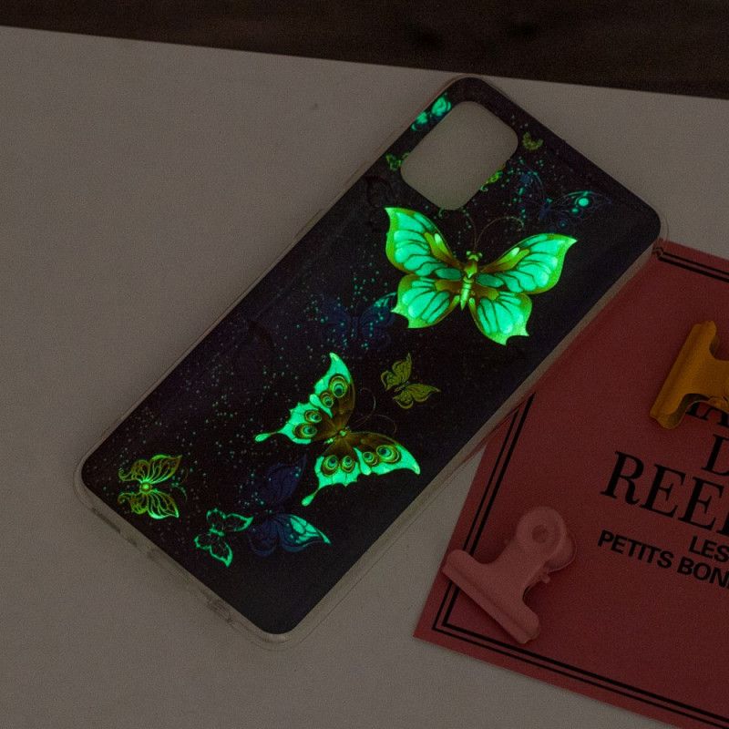Cover Hoesje Samsung Galaxy A31 Lichtblauw Donkerblauw Telefoonhoesje Serie Fluorescerende Vlinder