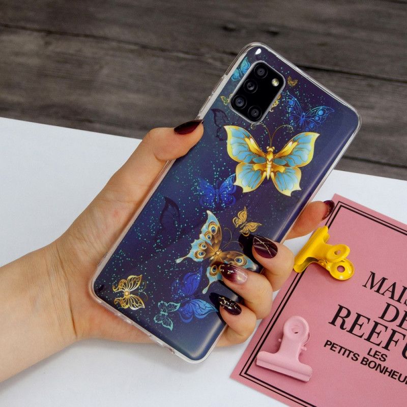 Cover Hoesje Samsung Galaxy A31 Lichtblauw Donkerblauw Telefoonhoesje Serie Fluorescerende Vlinder
