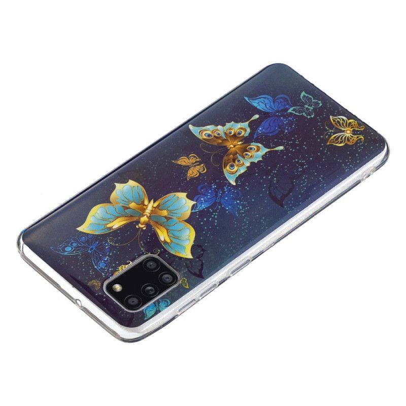 Cover Hoesje Samsung Galaxy A31 Lichtblauw Donkerblauw Telefoonhoesje Serie Fluorescerende Vlinder