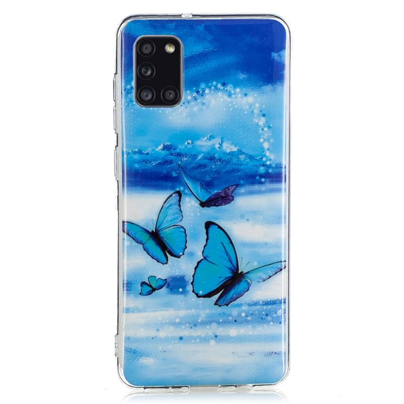 Cover Hoesje Samsung Galaxy A31 Lichtblauw Donkerblauw Telefoonhoesje Serie Fluorescerende Vlinder