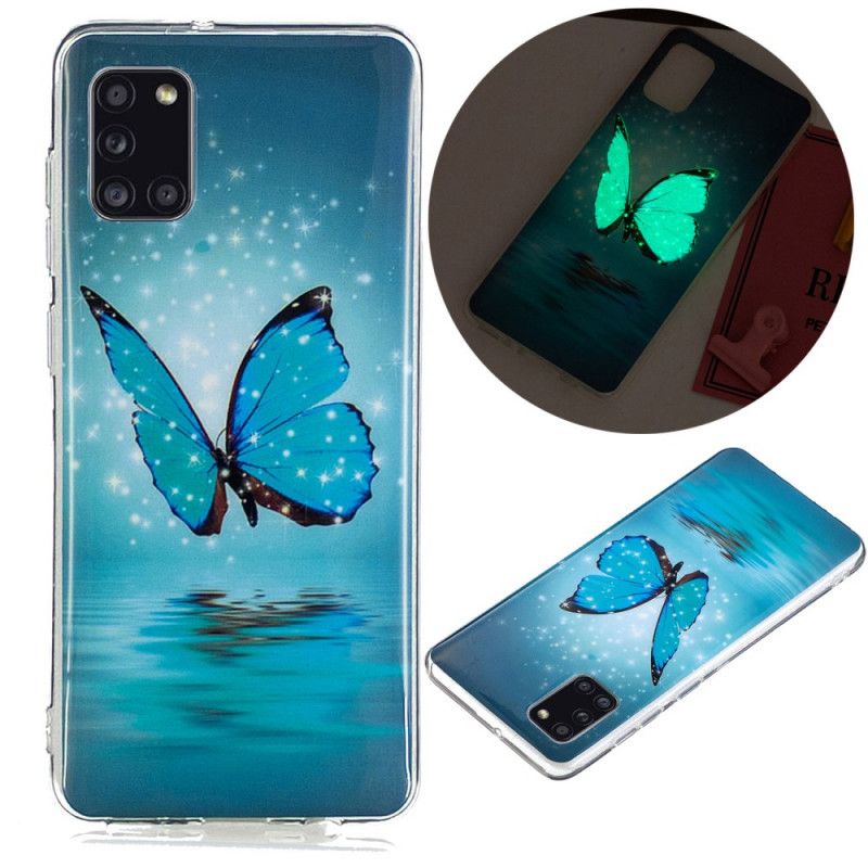 Cover Hoesje Samsung Galaxy A31 Telefoonhoesje Fluorescerende Blauwe Vlinder