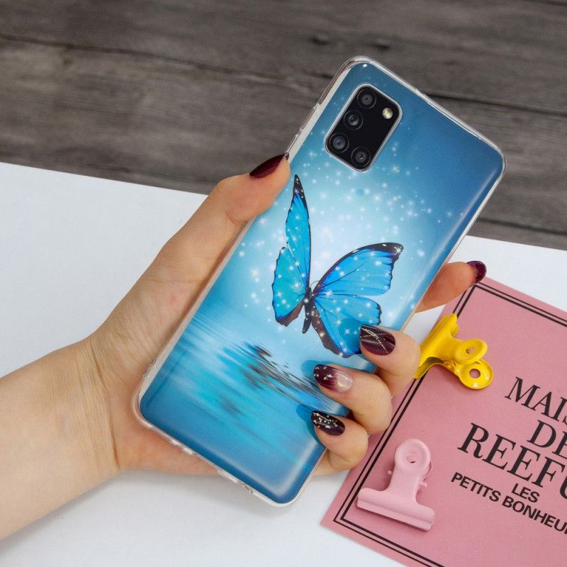 Cover Hoesje Samsung Galaxy A31 Telefoonhoesje Fluorescerende Blauwe Vlinder