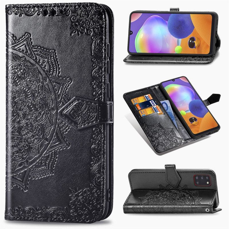 Flip Case Leren Samsung Galaxy A31 Grijs Zwart Mandala Van Middelbare Leeftijd