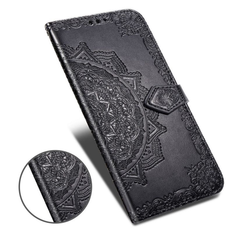 Flip Case Leren Samsung Galaxy A31 Grijs Zwart Mandala Van Middelbare Leeftijd