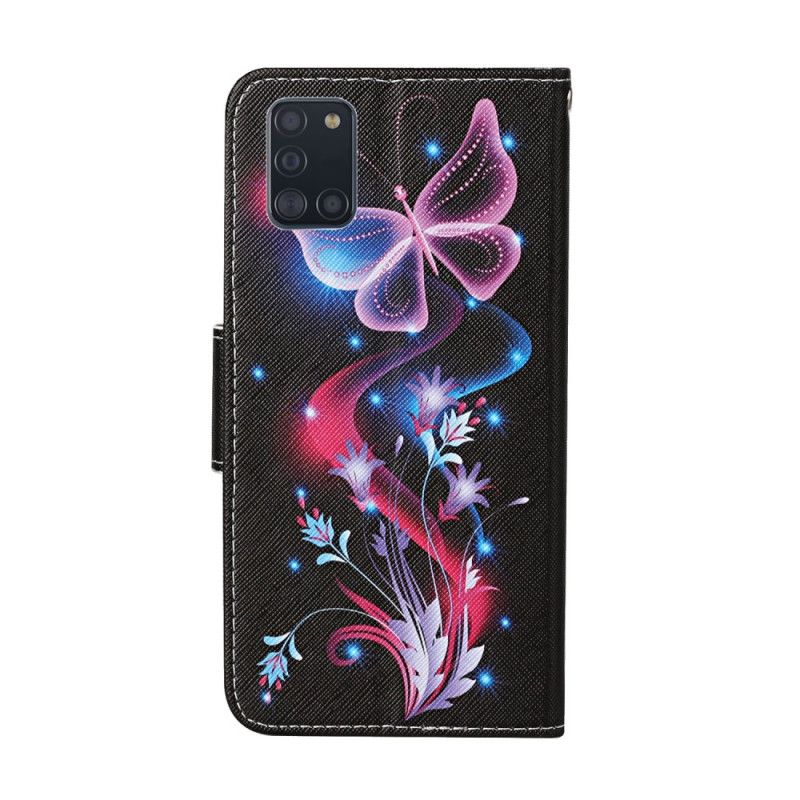 Flip Case Leren Samsung Galaxy A31 Wit Zwart Vlinders En String
