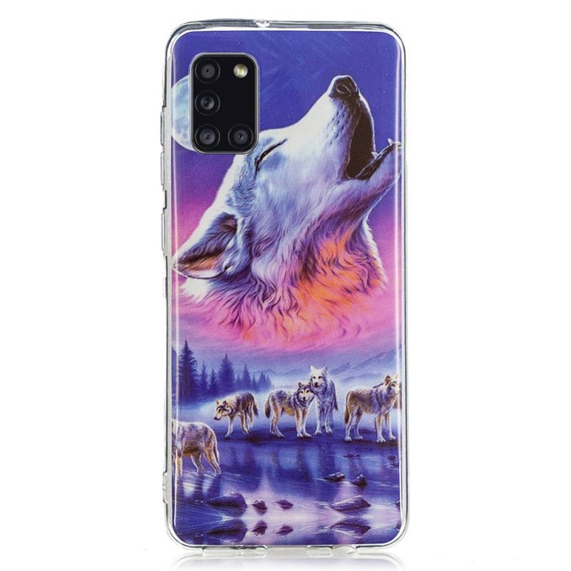 Hoesje Samsung Galaxy A31 Donkerblauw Zwart Serie Fluorescerende Wolven