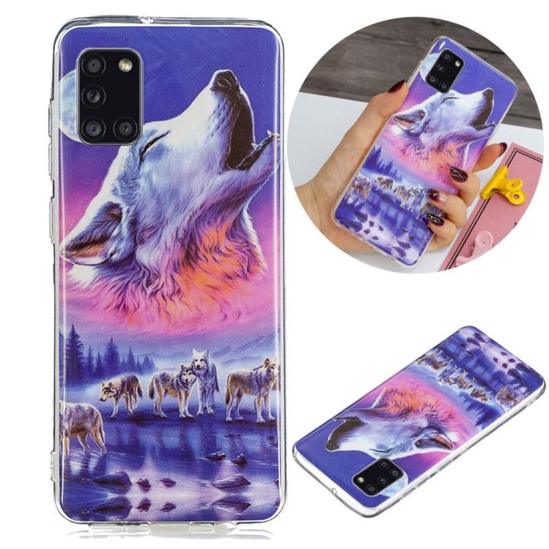 Hoesje Samsung Galaxy A31 Donkerblauw Zwart Serie Fluorescerende Wolven