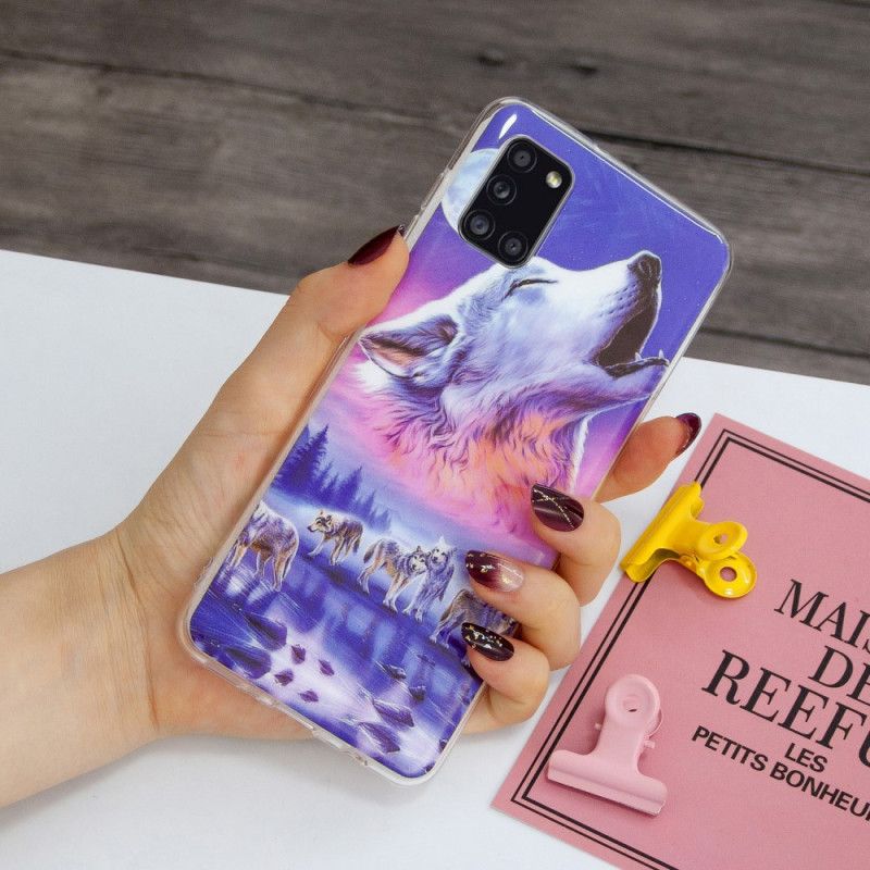 Hoesje Samsung Galaxy A31 Donkerblauw Zwart Serie Fluorescerende Wolven