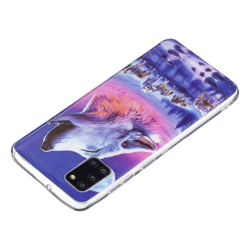 Hoesje Samsung Galaxy A31 Donkerblauw Zwart Serie Fluorescerende Wolven