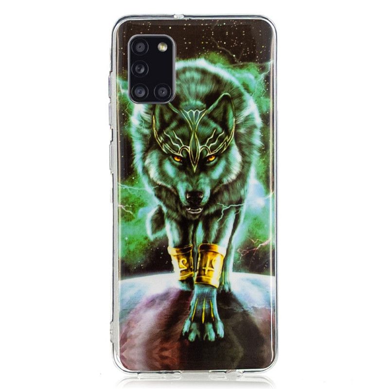 Hoesje Samsung Galaxy A31 Donkerblauw Zwart Serie Fluorescerende Wolven
