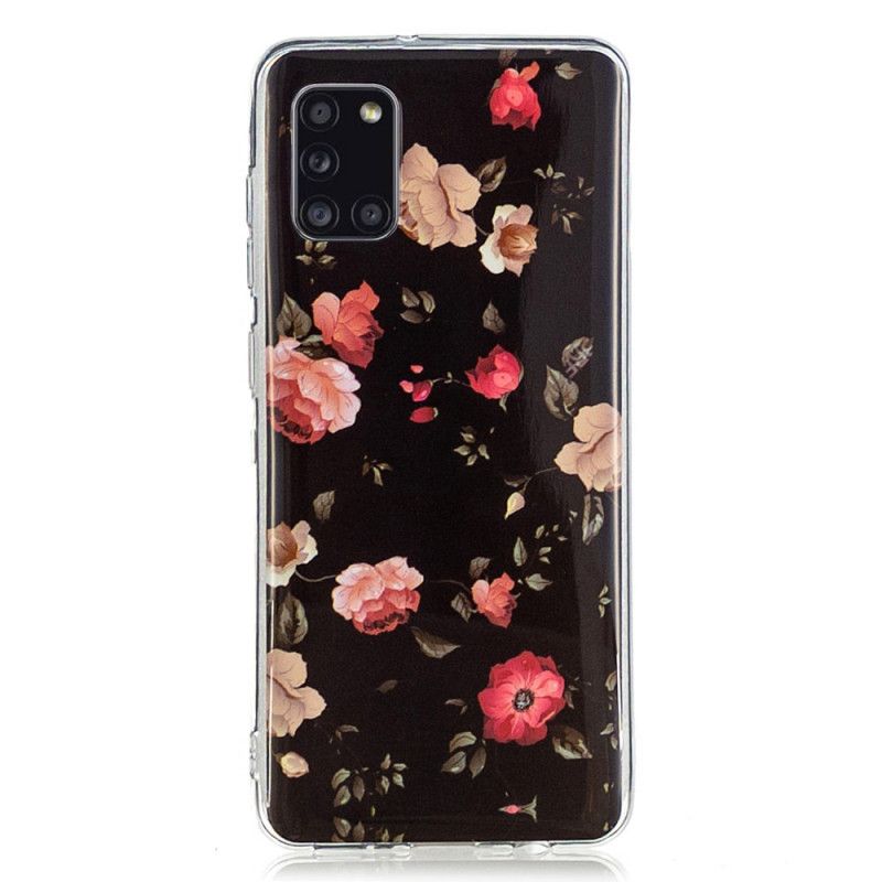 Hoesje voor Samsung Galaxy A31 Donkerrood Zwart Fluorescerende Bloemenreeks