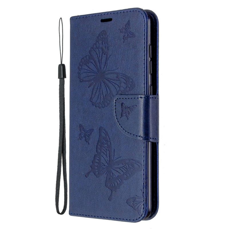 Leren Hoesje voor Samsung Galaxy A31 Donkerblauw Magenta Vlinders Tijdens De Vlucht Met String
