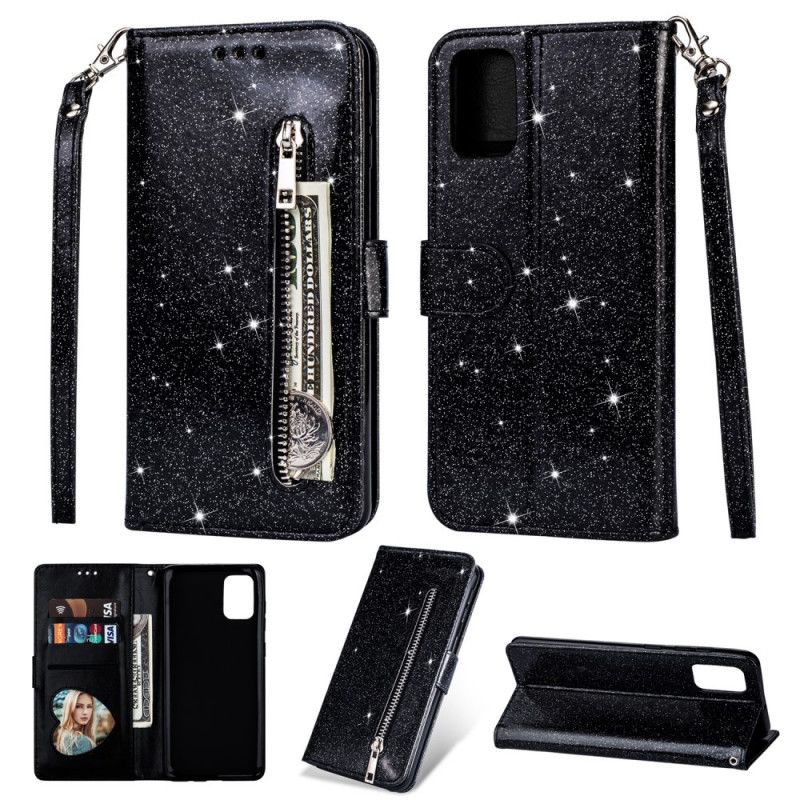 Leren Hoesje voor Samsung Galaxy A31 Magenta Zwart Portemonnee Met Glitter