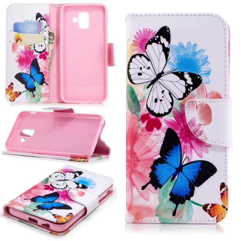 Leren Hoesje Samsung Galaxy A6 Lichtblauw Roze Telefoonhoesje Geschilderde Vlinders En Bloemen