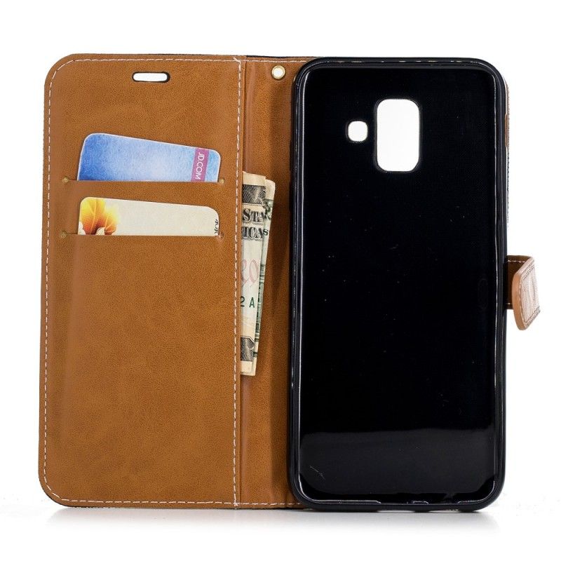 Leren Hoesje voor Samsung Galaxy A6 Grijs Zwart Stof En Leereffect