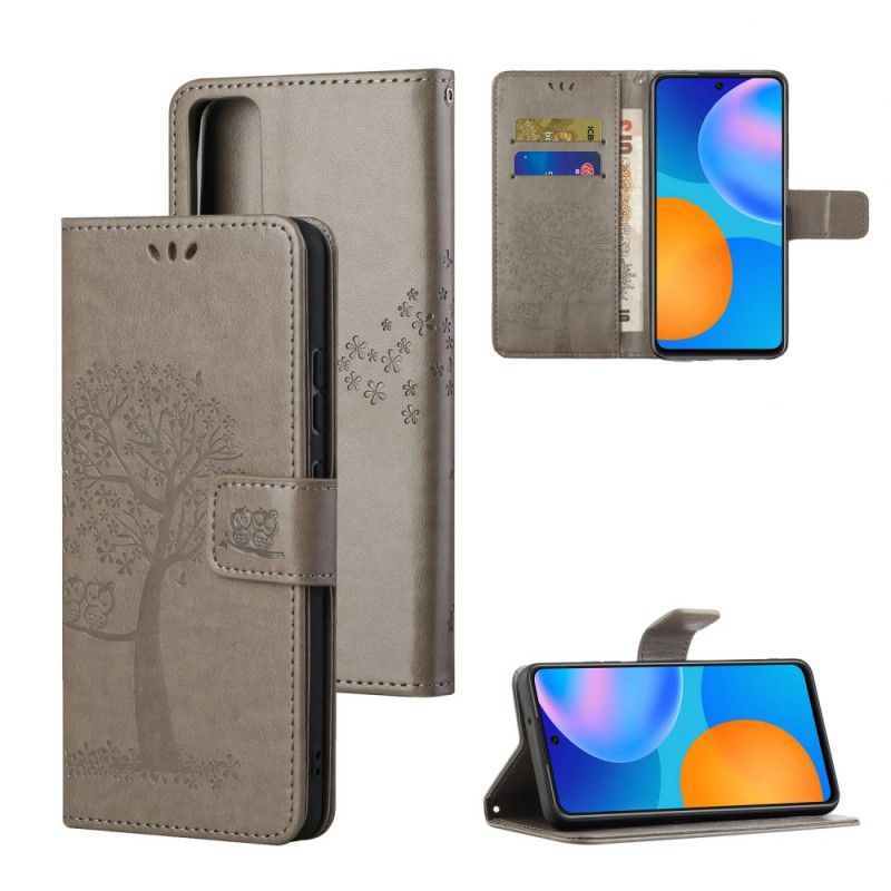 Leren Hoesje Huawei P Smart 2021 Grijs Zwart Boom En String Uilen