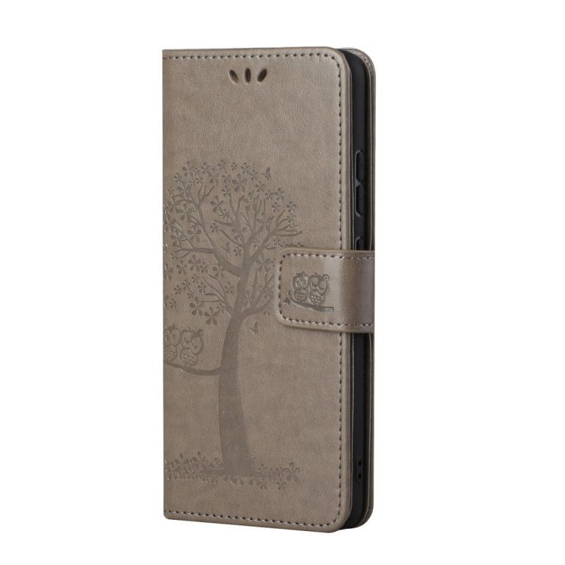 Leren Hoesje Huawei P Smart 2021 Grijs Zwart Boom En String Uilen