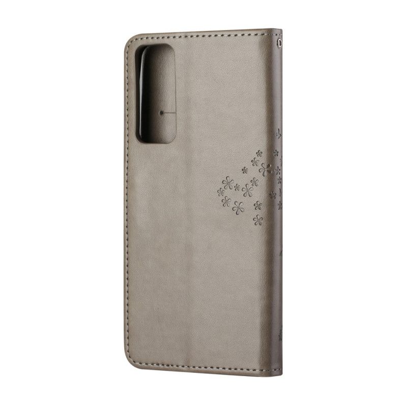 Leren Hoesje Huawei P Smart 2021 Grijs Zwart Boom En String Uilen