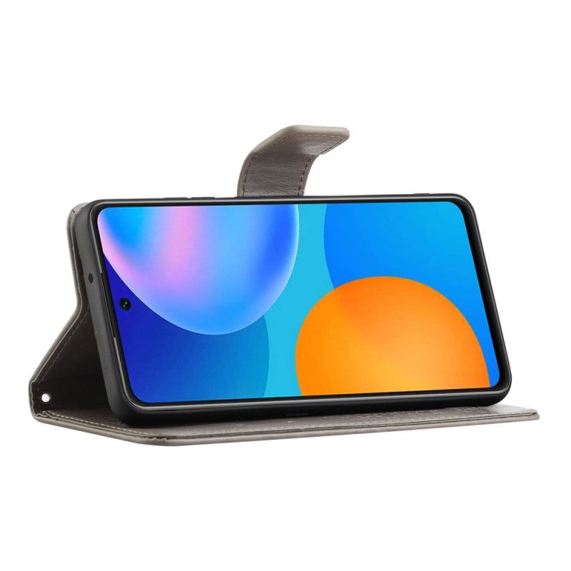 Leren Hoesje Huawei P Smart 2021 Grijs Zwart Boom En String Uilen