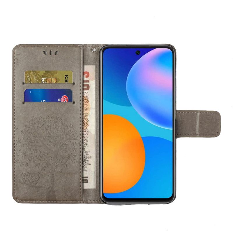 Leren Hoesje Huawei P Smart 2021 Grijs Zwart Boom En String Uilen