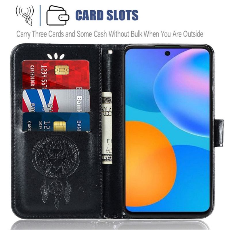 Leren Hoesje voor Huawei P Smart 2021 Lichtblauw Zwart Uil Dromenvanger Met Leereffect