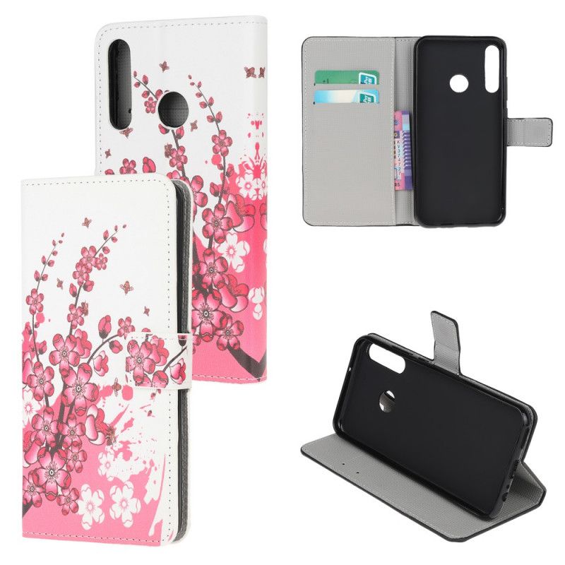 Cover Folio-hoesje Huawei Y6p Roze Magenta Telefoonhoesje Tropische Bloemen