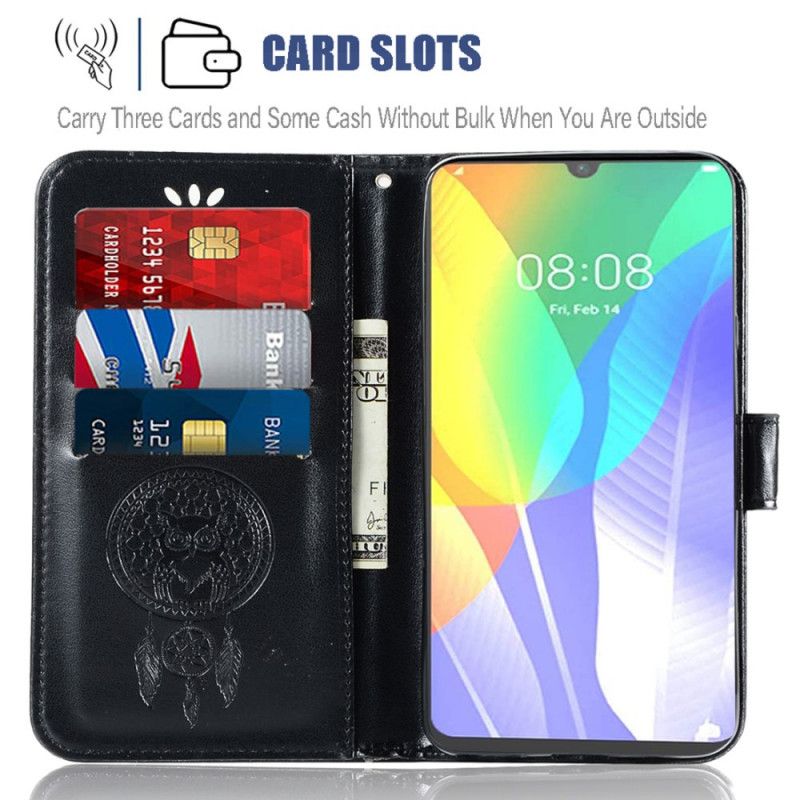 Flip Case Leren Huawei Y6p Lichtblauw Zwart Uil Dromenvanger Met Leereffect