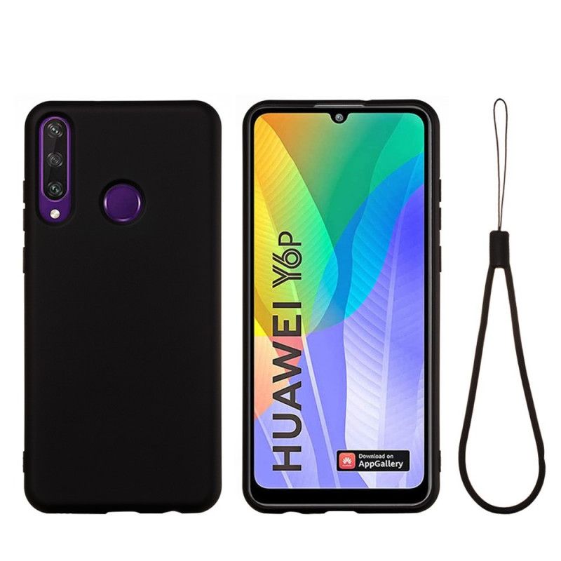Hoesje Huawei Y6p Rood Zwart Vloeibare Siliconen Met Riem