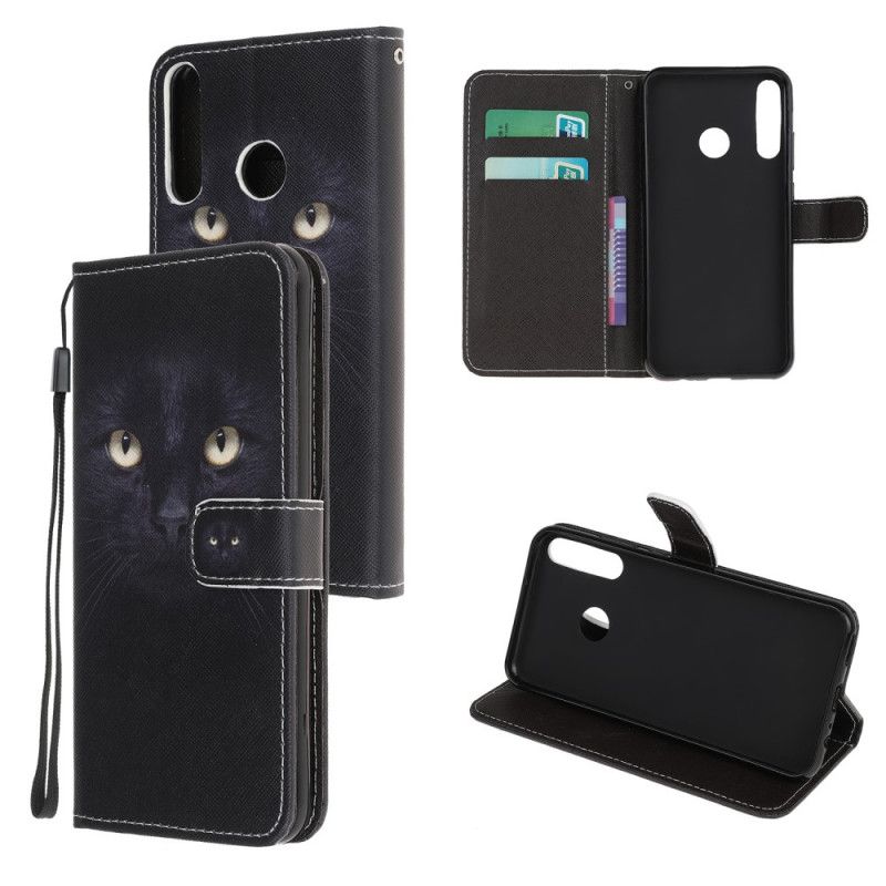 Leren Hoesje Huawei Y6p Telefoonhoesje Zwarte Kattenogen Met String