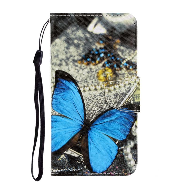 Leren Hoesje voor Huawei Y6p Goud Donkerblauw Vlindervariaties Met String