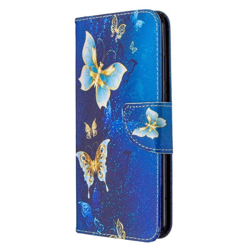 Leren Hoesje voor Huawei Y6p Lichtblauw Donkerblauw Vlinders In De Nacht