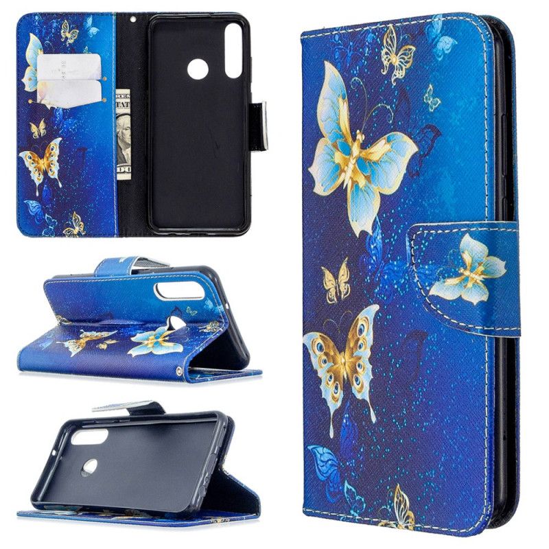 Leren Hoesje voor Huawei Y6p Lichtblauw Donkerblauw Vlinders In De Nacht