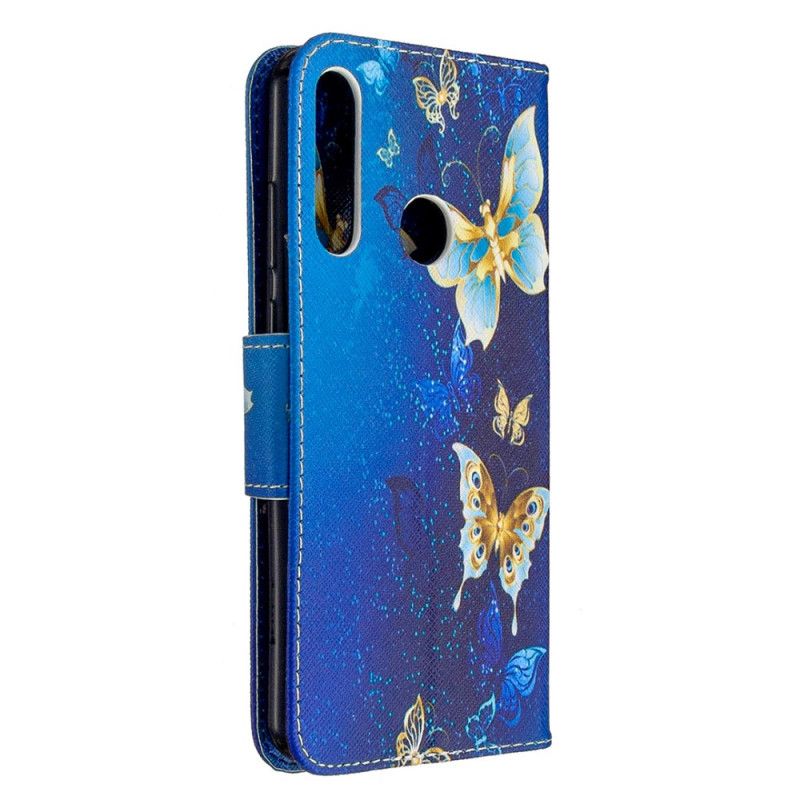 Leren Hoesje voor Huawei Y6p Lichtblauw Donkerblauw Vlinders In De Nacht