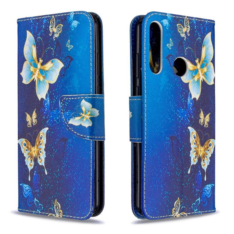 Leren Hoesje voor Huawei Y6p Lichtblauw Donkerblauw Vlinders In De Nacht