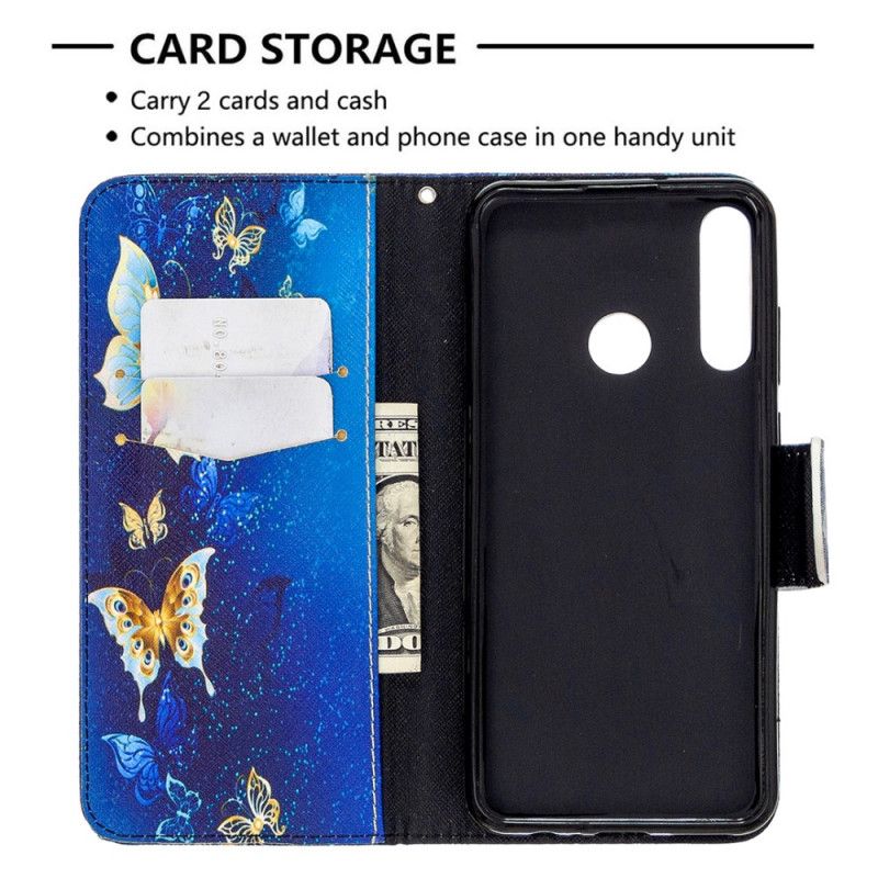 Leren Hoesje voor Huawei Y6p Lichtblauw Donkerblauw Vlinders In De Nacht