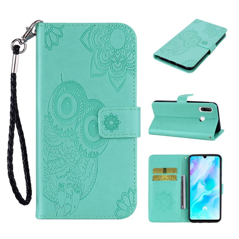 Leren Hoesje voor Huawei Y6p Rood Grijs Uil Mandala En String