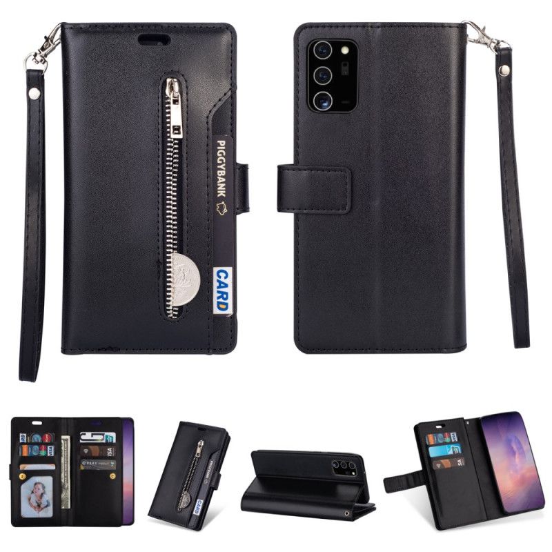 Flip Case Leren Samsung Galaxy Note 20 Magenta Zwart Portemonnee Met Riempje
