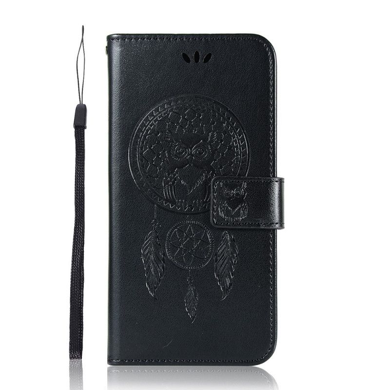 Leren Hoesje Samsung Galaxy Note 20 Lichtblauw Zwart Uil Dromenvanger Met Leereffect