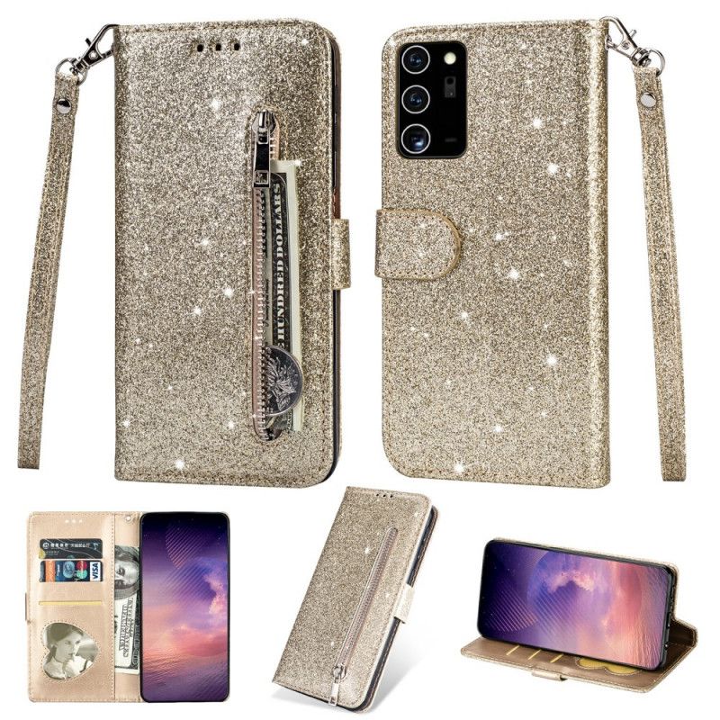 Leren Hoesje Samsung Galaxy Note 20 Magenta Zwart Portemonnee Met Glitter