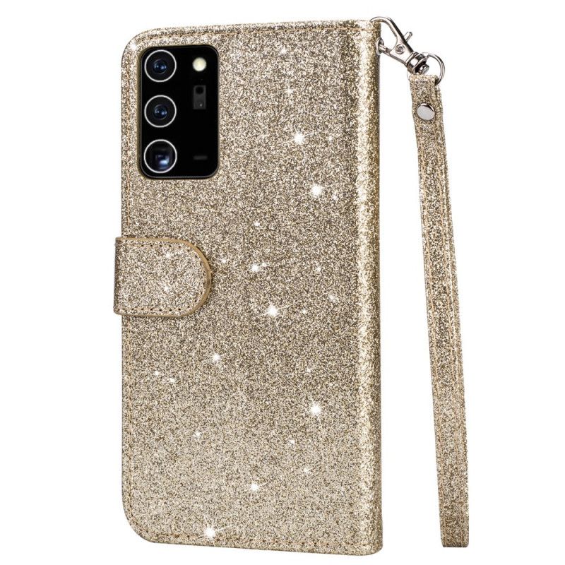 Leren Hoesje Samsung Galaxy Note 20 Magenta Zwart Portemonnee Met Glitter