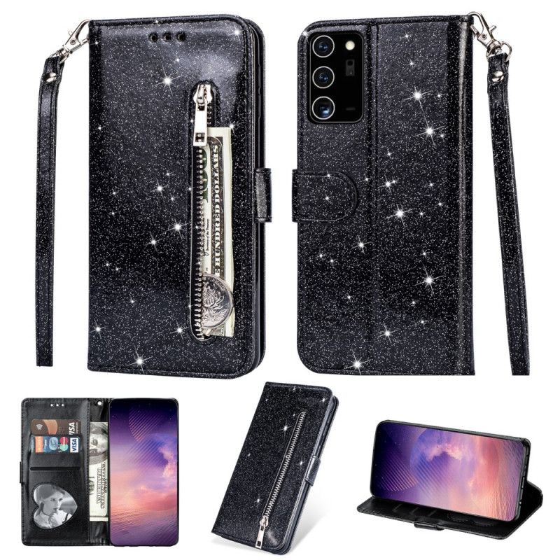 Leren Hoesje Samsung Galaxy Note 20 Magenta Zwart Portemonnee Met Glitter