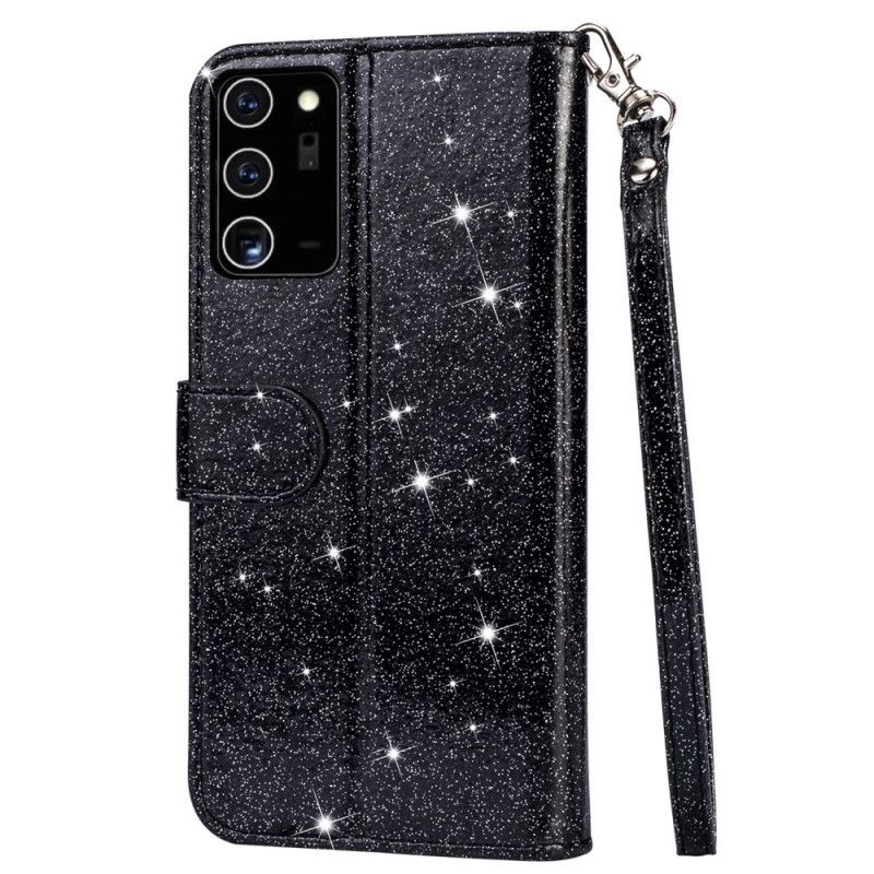 Leren Hoesje Samsung Galaxy Note 20 Magenta Zwart Portemonnee Met Glitter