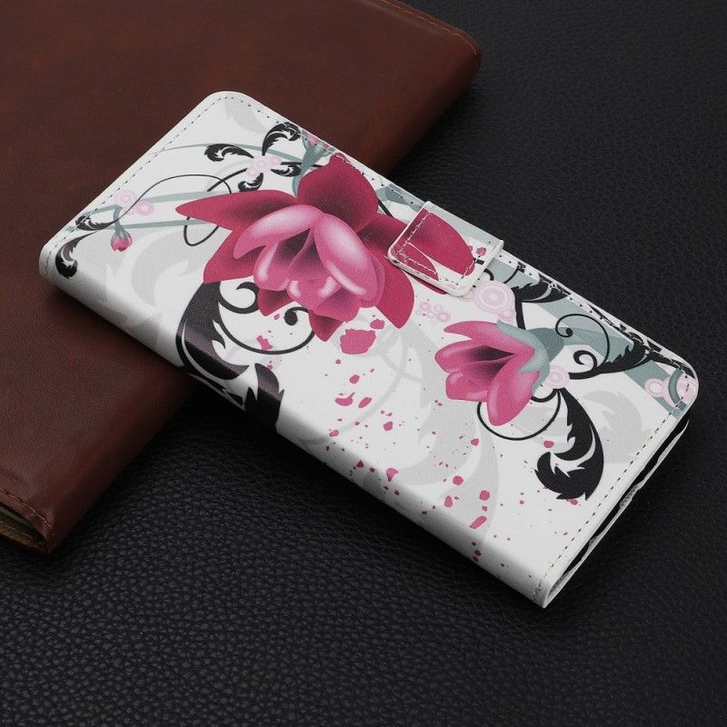 Flip Case Leren Huawei P Smart Z Paars Roze Tropische Bloemen