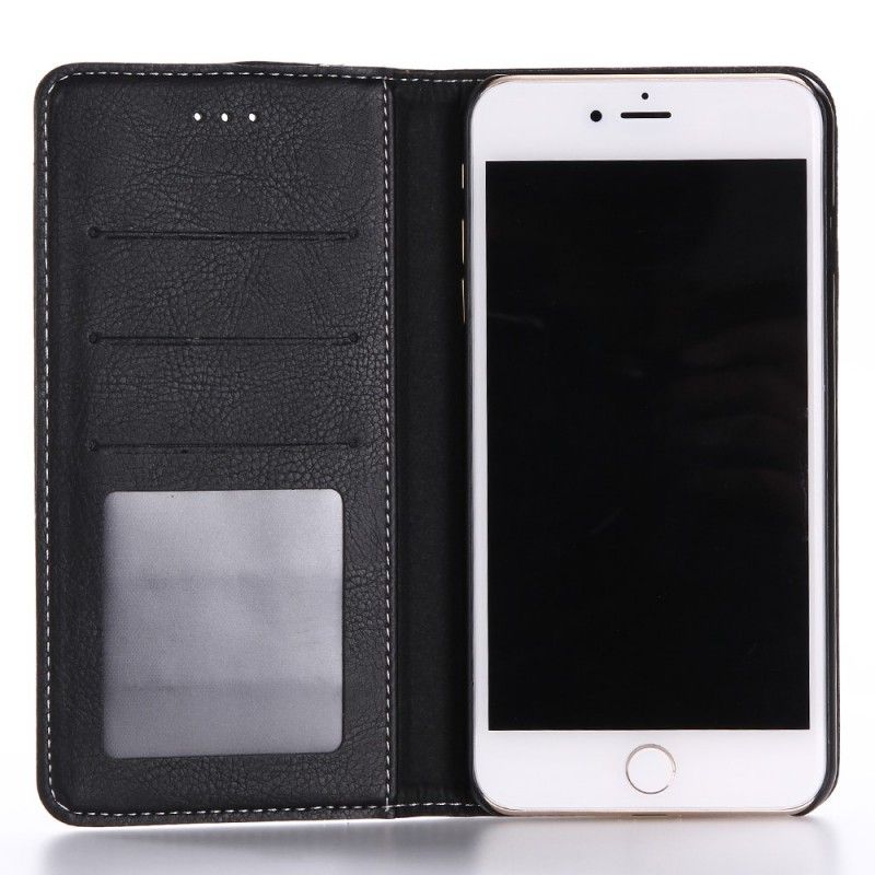 Leren Hoesje iPhone 7 Plus / 8 Plus Lichtbruin Zwart Dubbellijns Lederlook