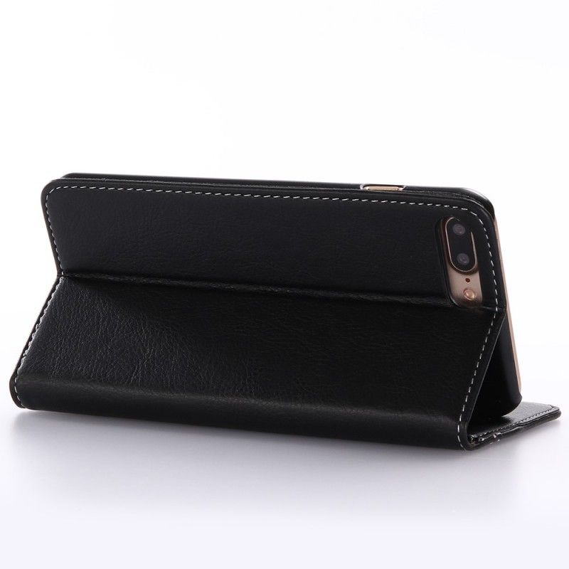Leren Hoesje iPhone 7 Plus / 8 Plus Lichtbruin Zwart Dubbellijns Lederlook
