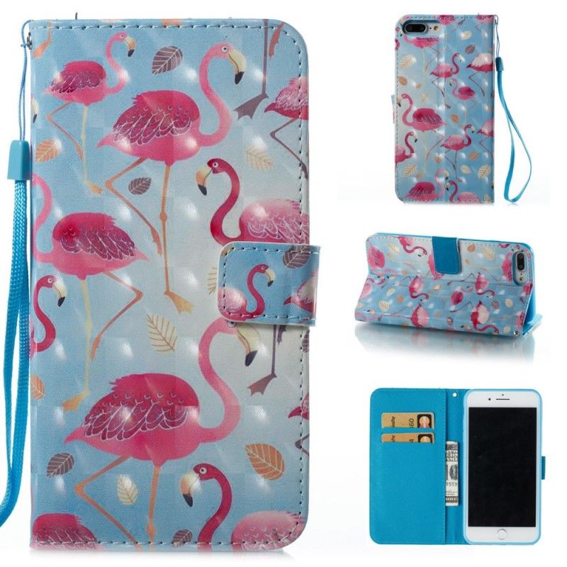 Leren Hoesje voor iPhone 7 Plus / 8 Plus Lichtblauw Wit Meerdere Flamingo'S