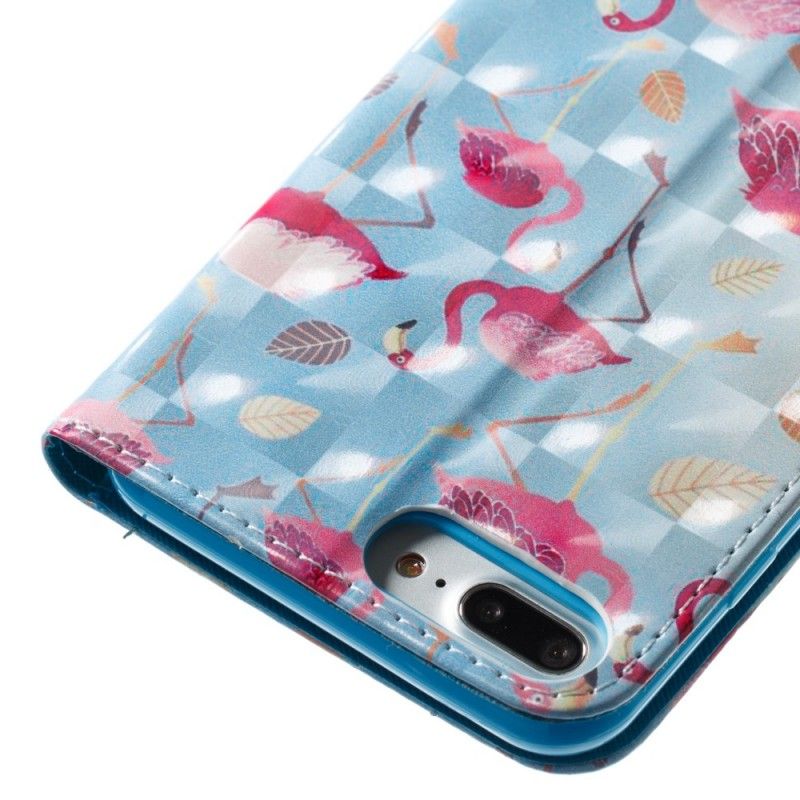 Leren Hoesje voor iPhone 7 Plus / 8 Plus Lichtblauw Wit Meerdere Flamingo'S