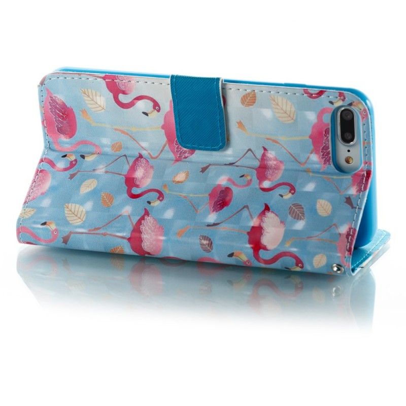 Leren Hoesje voor iPhone 7 Plus / 8 Plus Lichtblauw Wit Meerdere Flamingo'S